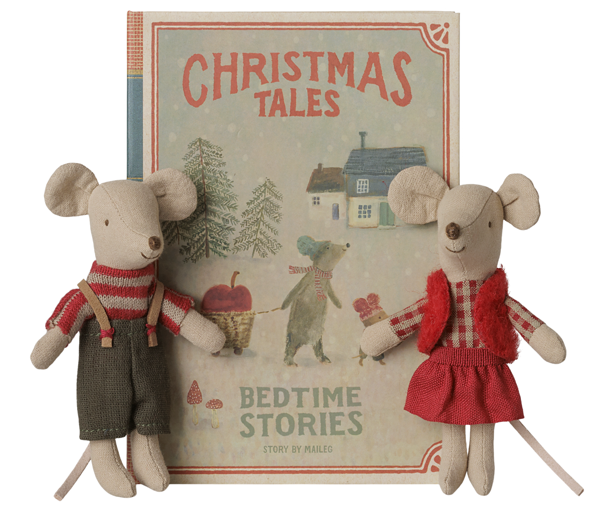 Maileg Christmas twin mice, kleine Schwester and brother in book