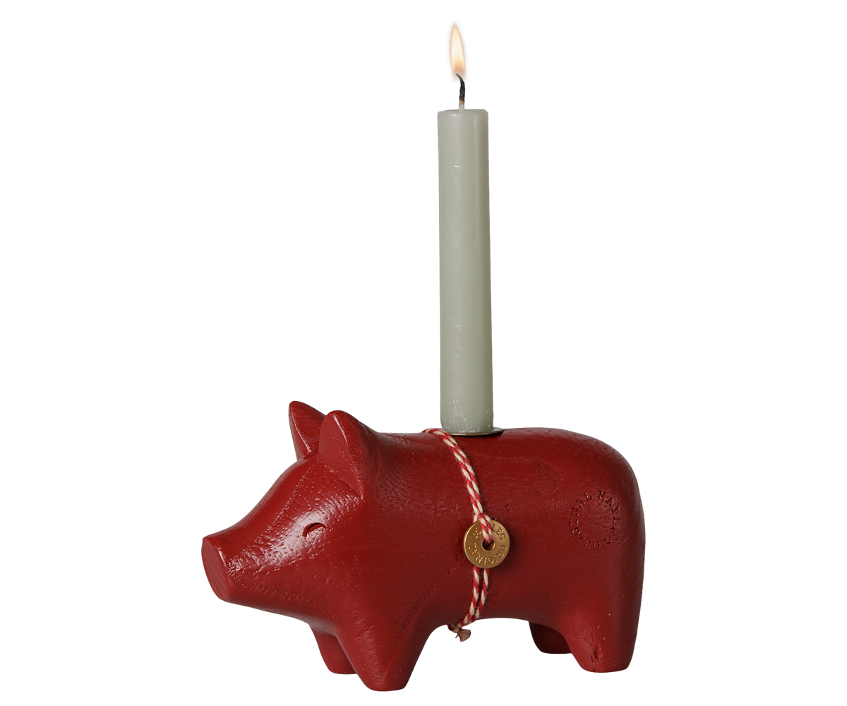 Maileg Wooden candle holder, Pig, Small – Red