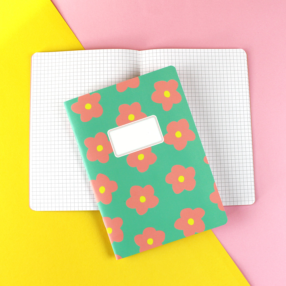 Ava & Yves - Notizheft Flowers, mint/rose/gelb, 30 Blatt kariert, DIN A5