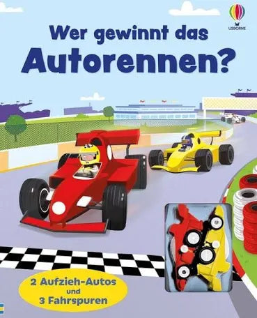 Usborne Wer gewinnt das Autorennen? mit zwei Aufziehautos und drei Rennstrecken