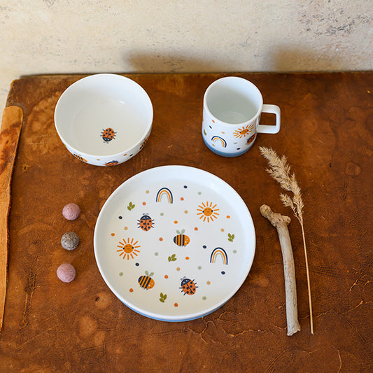 Ava&Yves Porzellanset Nature Kids mit Teller (19cm), Becher und Müslischale