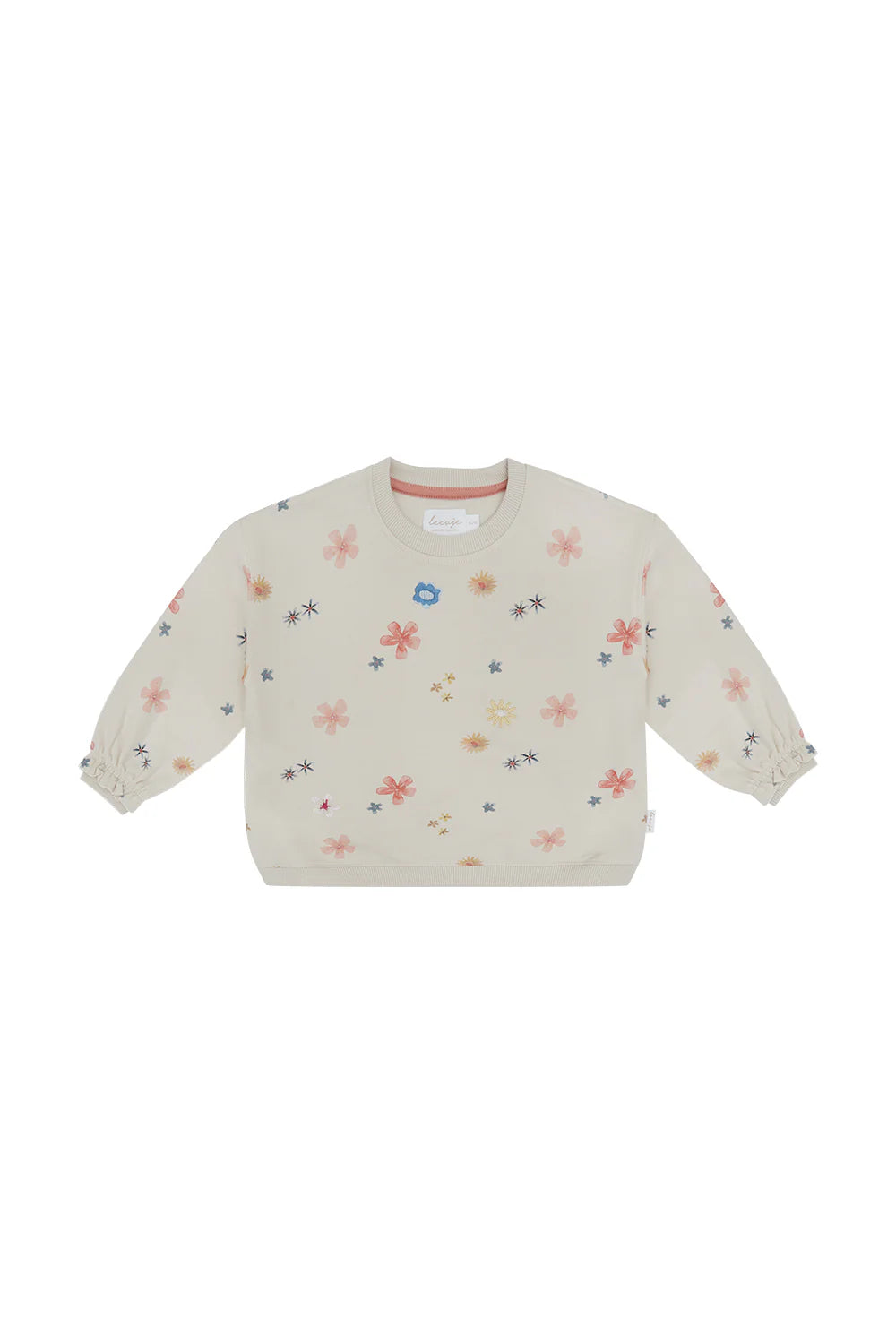 Leevje Sweatshirt ‘Flowers’ with Frilled Sleeves Cappuccino