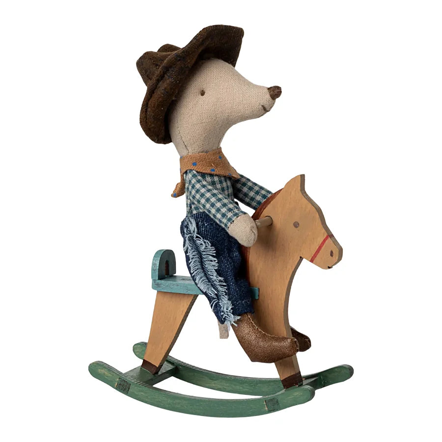 Maileg Cowboy Maus auf Schaukelpferd, kleiner Bruder