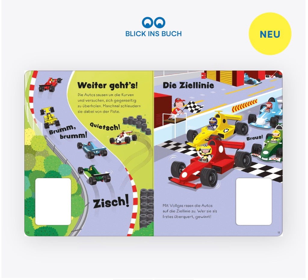 Usborne Wer gewinnt das Autorennen? mit zwei Aufziehautos und drei Rennstrecken