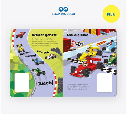 Usborne Wer gewinnt das Autorennen? mit zwei Aufziehautos und drei Rennstrecken