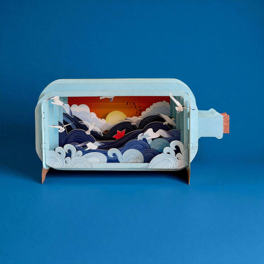 3D Popup-Karte in Flasche - Boot und Meer