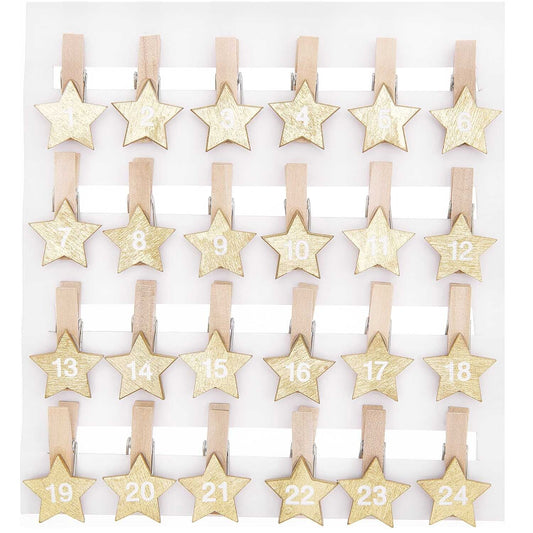Rico Design Holzclips Adventskalender Sterne Gold 1-24