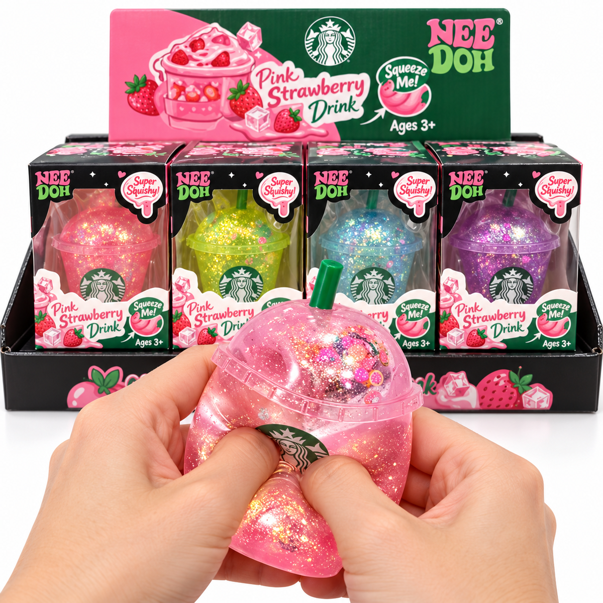 Squishy Cup mit Glitzer | rosa, blau, violett und grün
