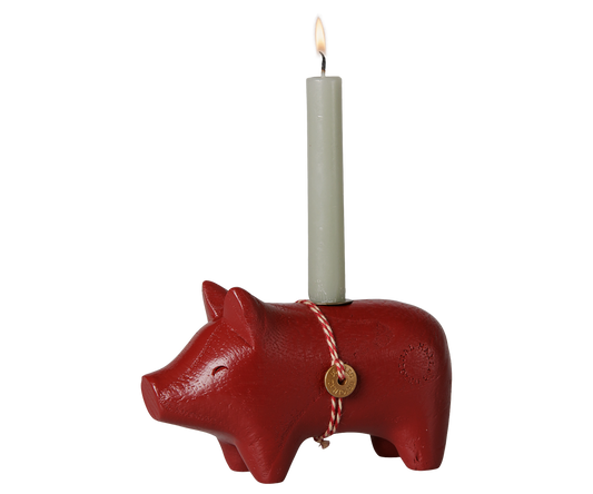 Maileg Wooden candle holder, Pig, Small – Red