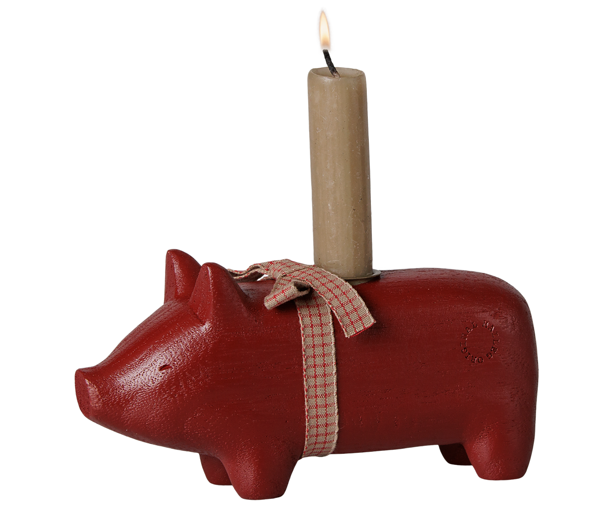 Maileg Wooden candle holder, Pig, Medium – Red