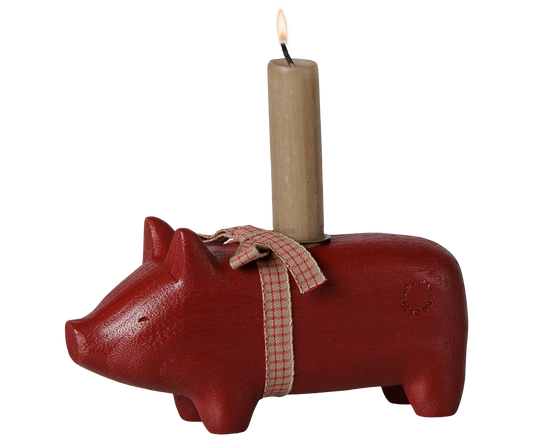 Maileg Wooden candle holder, Pig, Medium – Red