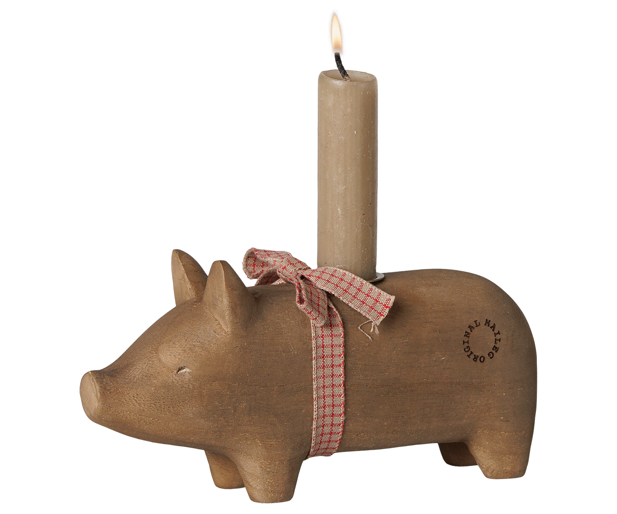 Maileg Wooden candle holder, Pig, Medium – Nature