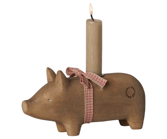 Maileg Wooden candle holder, Pig, Medium – Nature