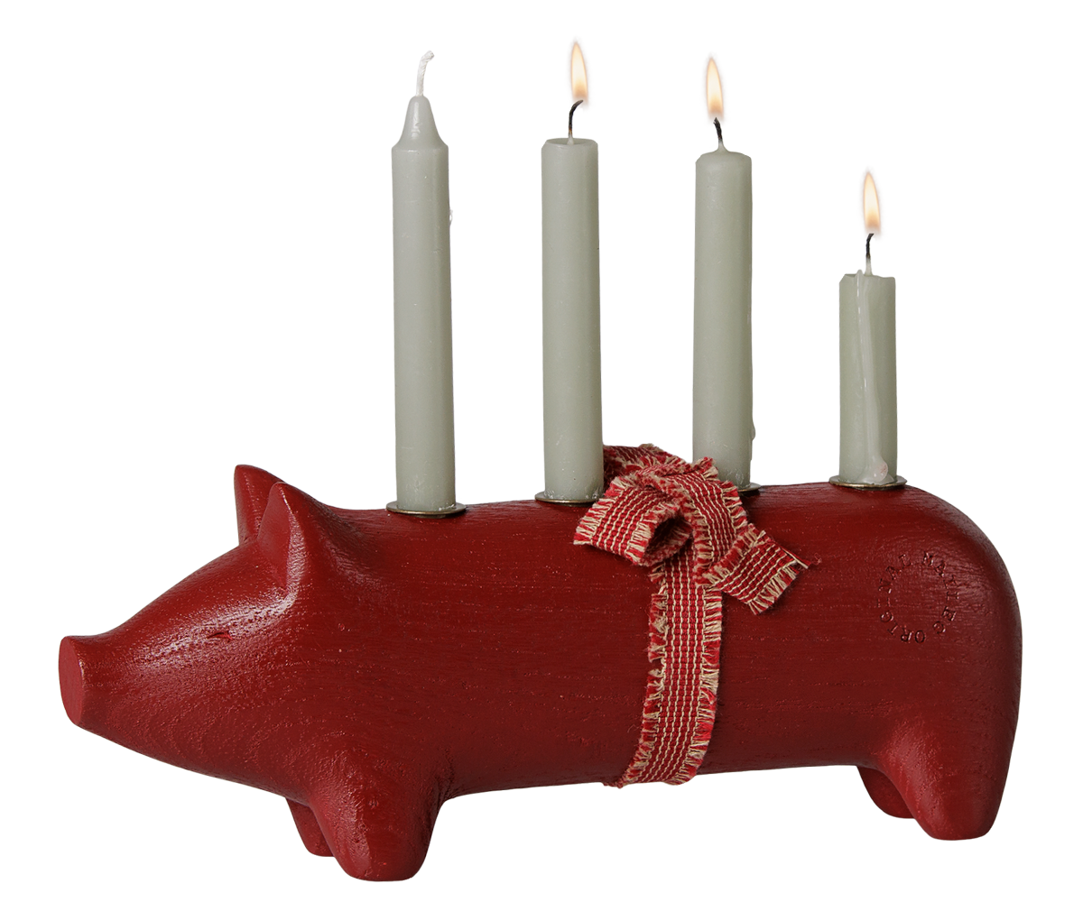 Maileg Wooden candle holder, Pig, Advent medium – Red