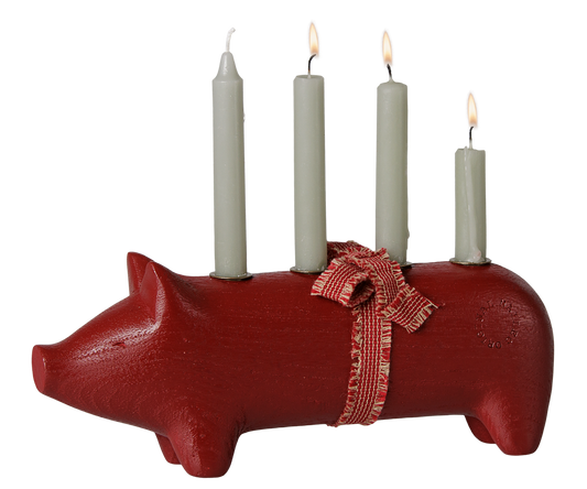 Maileg Wooden candle holder, Pig, Advent medium – Red