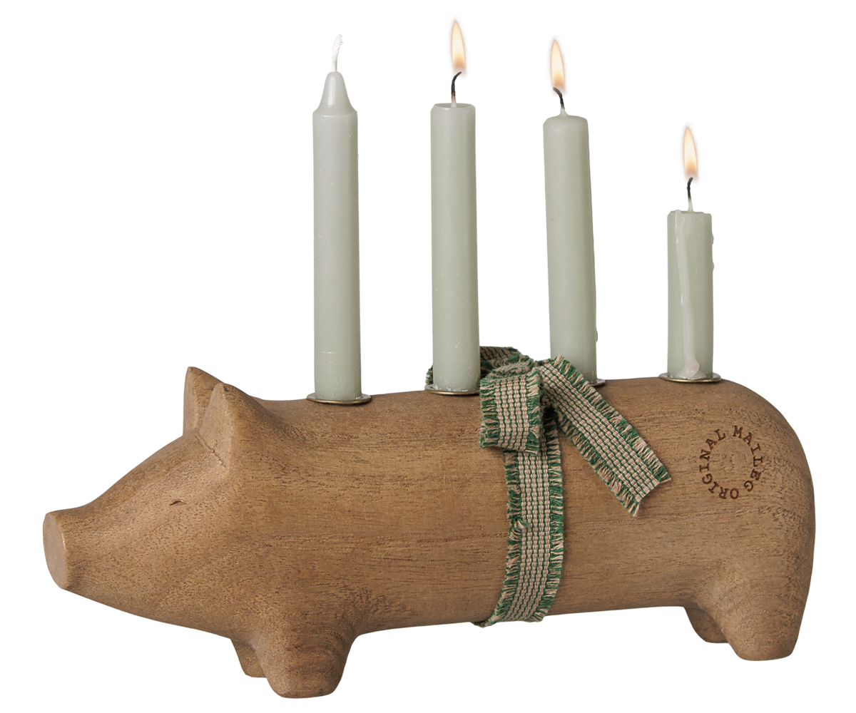 Maileg Wooden candle holder, Pig, Advent medium –  Nature