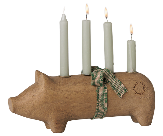 Maileg Wooden candle holder, Pig, Advent medium –  Nature