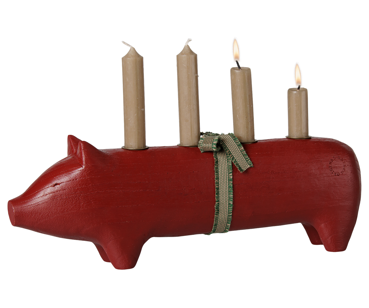 Maileg Wooden candle holder, Pig, Advent large – Red
