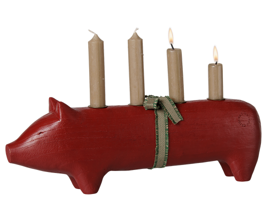 Maileg Wooden candle holder, Pig, Advent large – Red