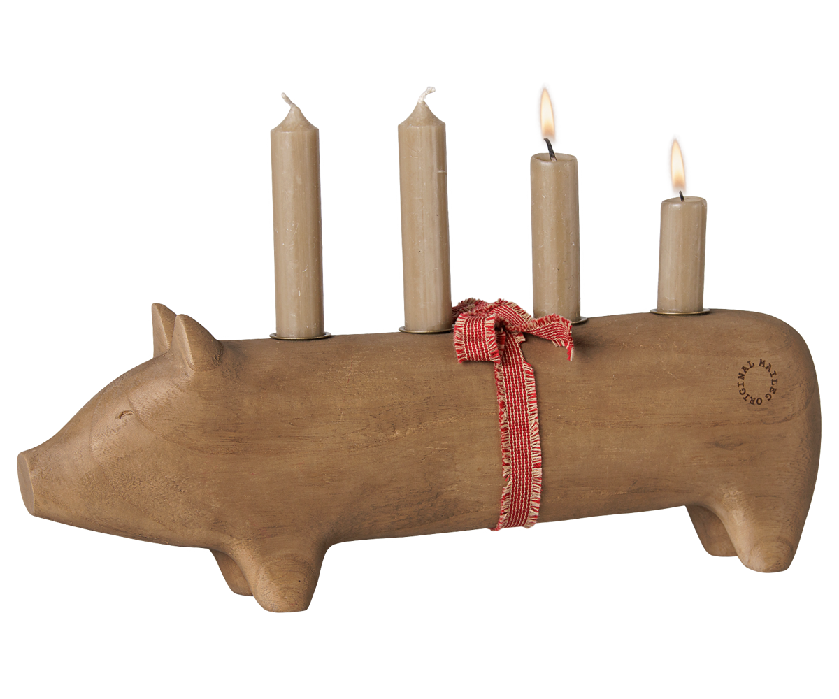 Maileg Wooden candle holder, Pig, Advent large – Nature