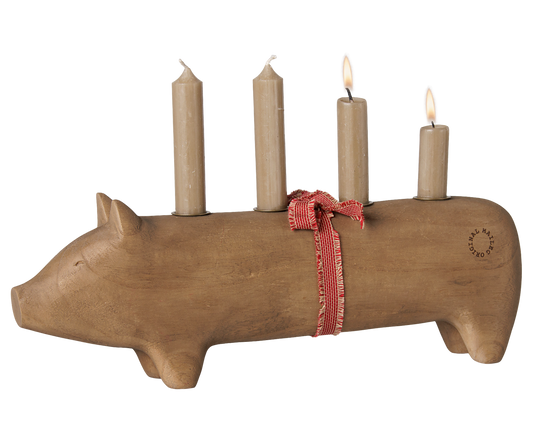 Maileg Wooden candle holder, Pig, Advent large – Nature