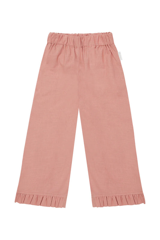 Leevje Wide Frill Hem Trousers in Linen Optic 'Terracotta'