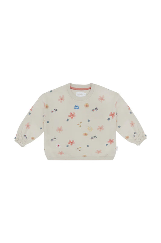 Leevje Sweatshirt ‘Flowers’ with Frilled Sleeves Cappuccino