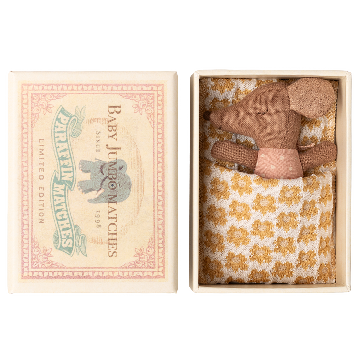 Maileg Babymaus schlafend rosa Schlafanzug mit Blumendecke