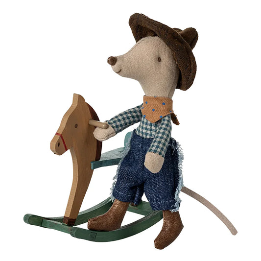 Maileg Cowboy Maus auf Schaukelpferd, kleiner Bruder