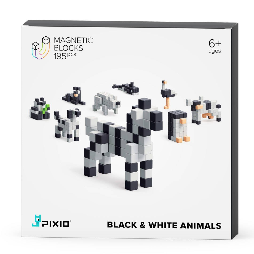 Pixio Magnetische Blocks Bausteine - 195 Teile schwarz/ weiß Tiere