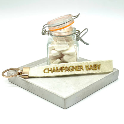 CHAMPAGNER BABY Schlüsselanhänger Keychain, gewebt - bestickt